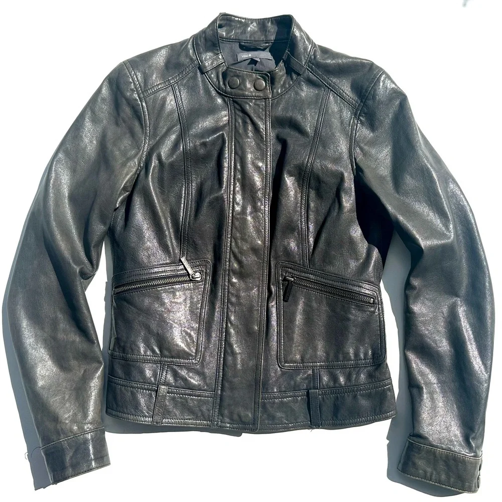 Vince Women's Gray Brown Leather Moto Jacket, Zipper, Stand up Collar, XS